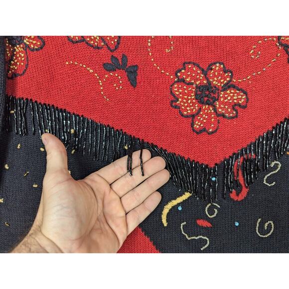 Carole Little Sweater Women's Large Red Black Breaded Fringe Embroidered Vintage - Picture 2 of 8